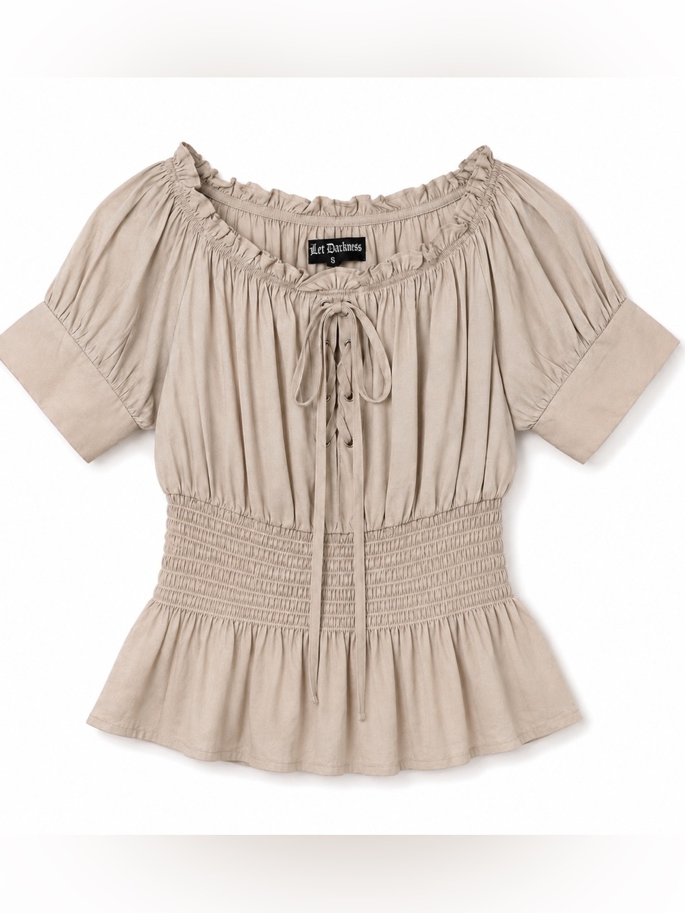 Scarlet Darkness Lace Up Smocked Renaissance Peasant Top Taupe S
